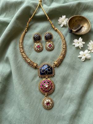 Traditional gold plated blue temple necklace set for women 2