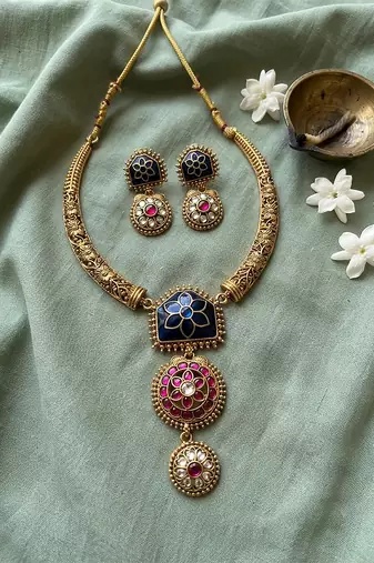 Traditional gold plated blue temple necklace set for women