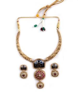 Traditional gold plated blue temple necklace set for women 3