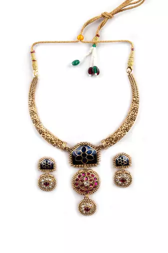 Traditional gold plated blue temple necklace set for women
