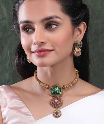 Traditional gold plated green temple necklace set for women 1
