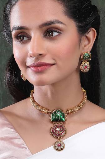 Traditional gold plated green temple necklace set for women
