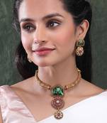 Traditional gold plated green temple necklace set for women