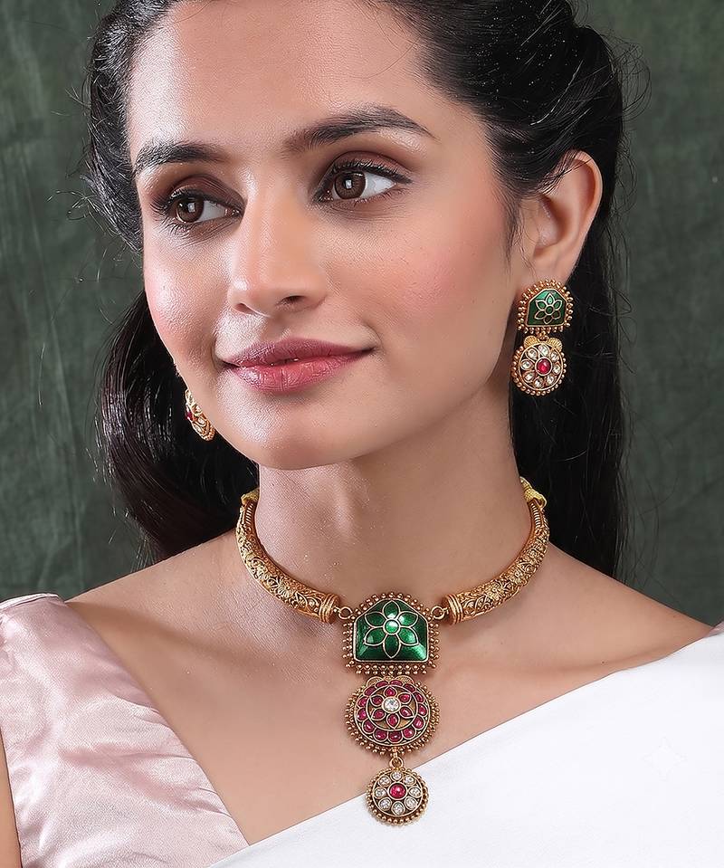 Traditional gold plated green temple necklace set for women