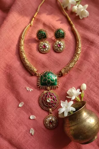 Traditional gold plated green temple necklace set for women