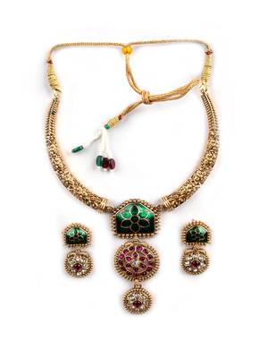 Traditional gold plated green temple necklace set for women 3
