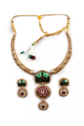 Traditional gold plated green temple necklace set for women