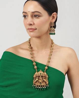 South indian long mala green necklace set for women 1