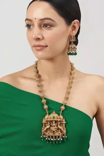 South indian long mala green necklace set for women