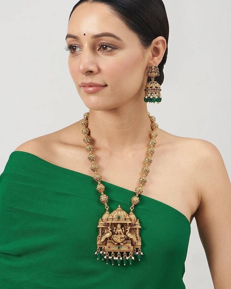 South indian long mala green necklace set for women