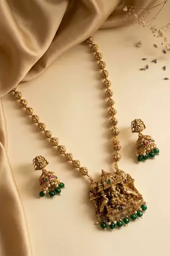 South indian long mala green necklace set for women