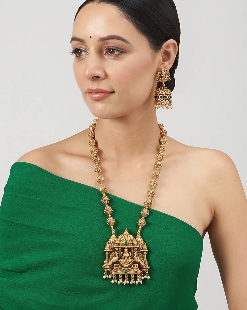 South indian long mala gold necklace set for women