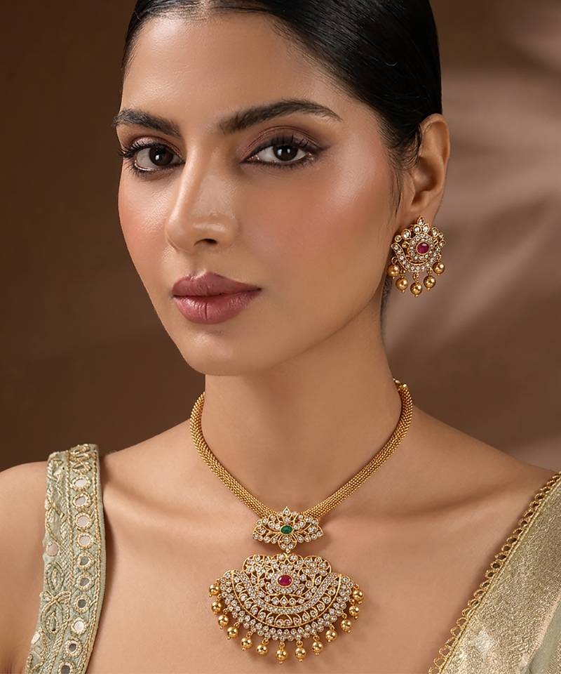 Gold plated south indian temple necklace set for women wedding wear