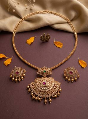 Gold plated south indian temple necklace set for women wedding wear 2