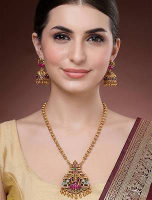 Gold plated temple mala necklace with earrings 1