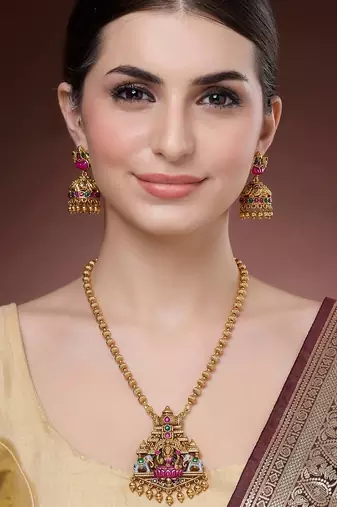 Gold plated temple mala necklace with earrings