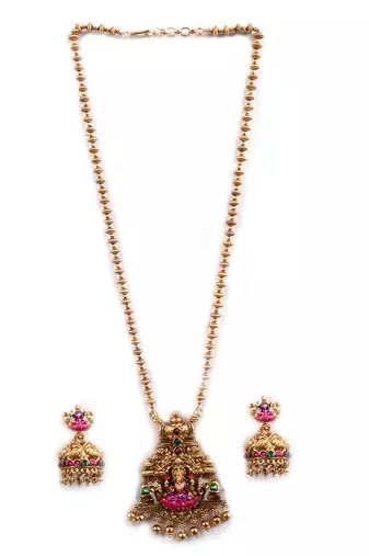 Gold plated temple mala necklace with earrings