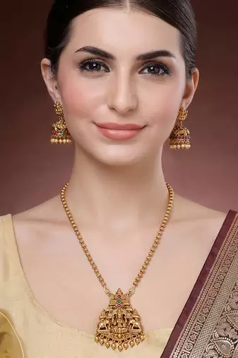 Gold plated temple mala necklace with earrings