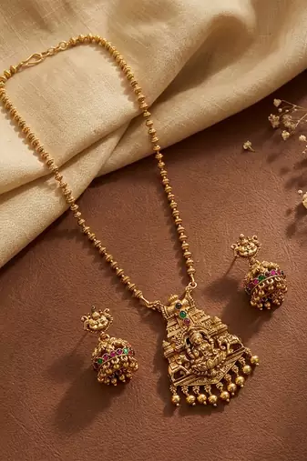 Gold plated temple mala necklace with earrings