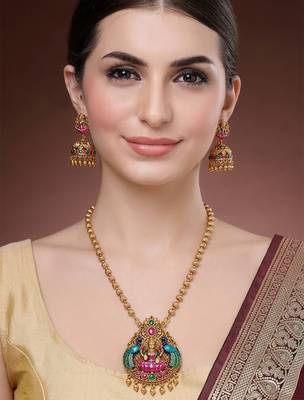 South indian long mala temple necklace set with earrings for women. 1