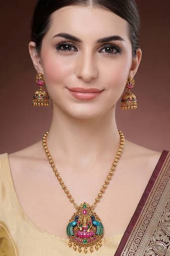 South indian long mala temple necklace set with earrings for women.