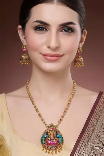 South indian long mala temple necklace set with earrings for women.