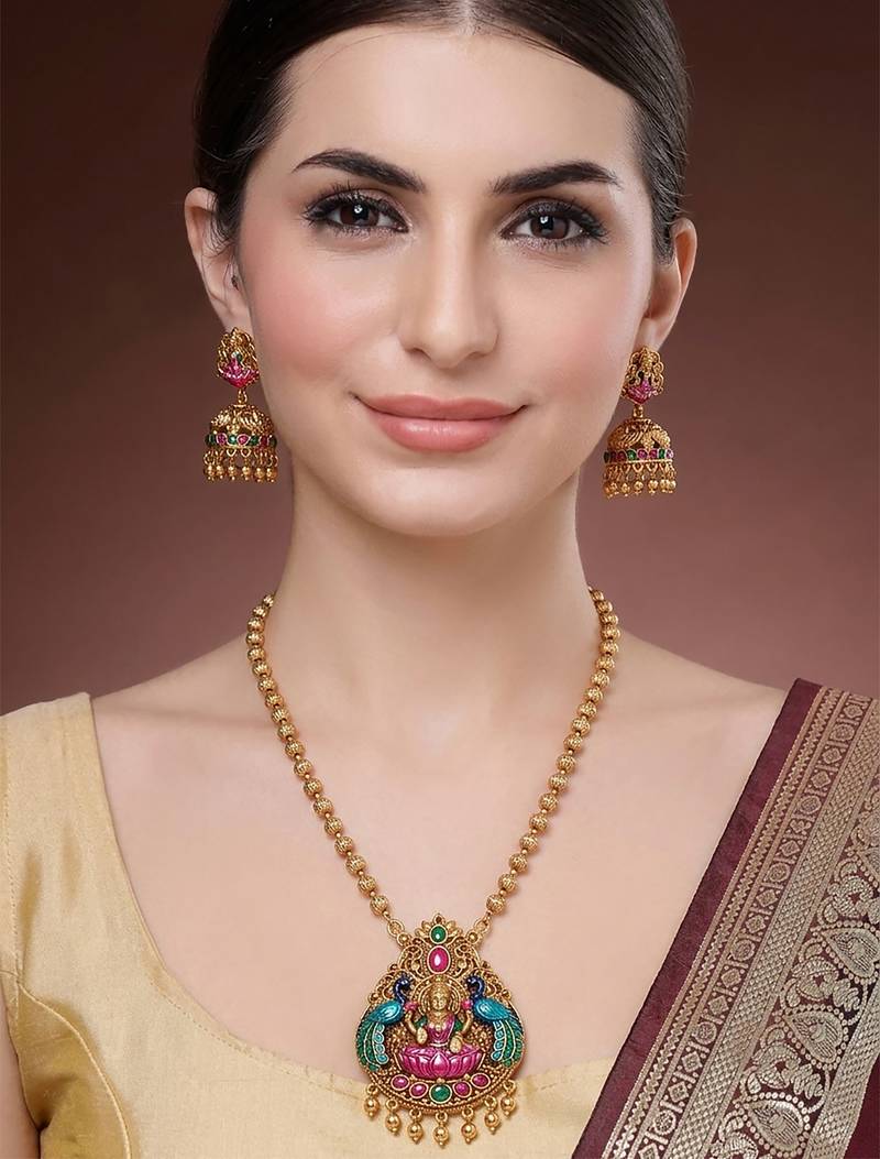 South indian long mala temple necklace set with earrings for women.