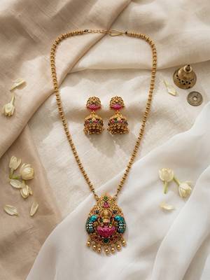 South indian long mala temple necklace set with earrings for women. 2