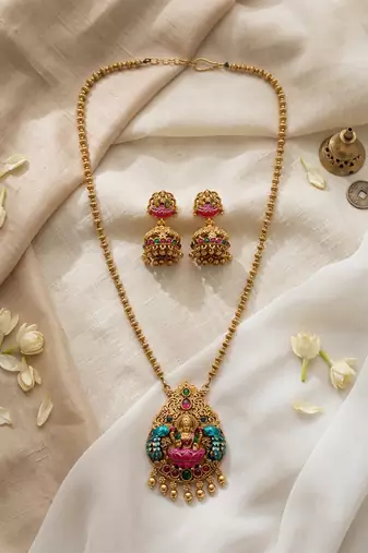 South indian long mala temple necklace set with earrings for women.