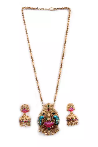 South indian long mala temple necklace set with earrings for women.