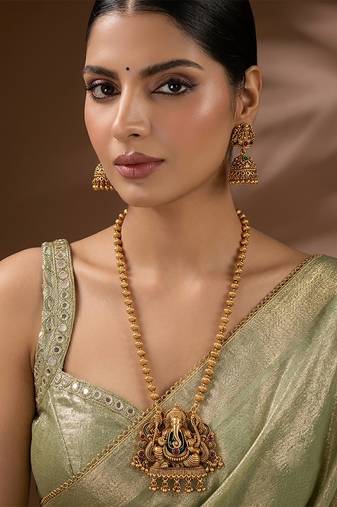 South indian long mala ganesh jii red necklace set with earrings for women.