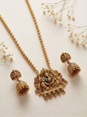 South indian long mala ganesh jii red necklace set with earrings for women. 2