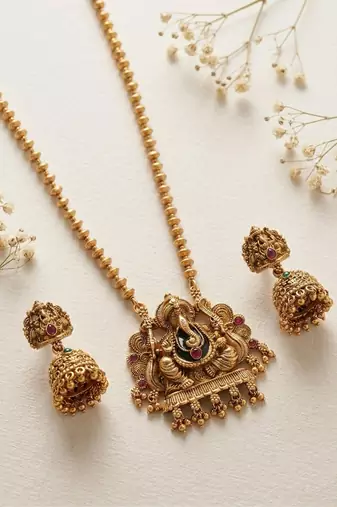 South indian long mala ganesh jii red necklace set with earrings for women.