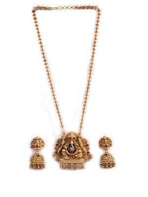 South indian long mala ganesh jii red necklace set with earrings for women. 3