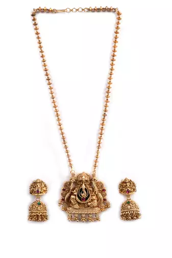 South indian long mala ganesh jii red necklace set with earrings for women.