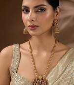 South indian long mala ganesh jii green necklace set with earrings for women.