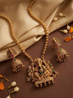 South indian long mala ganesh jii green necklace set with earrings for women. 2