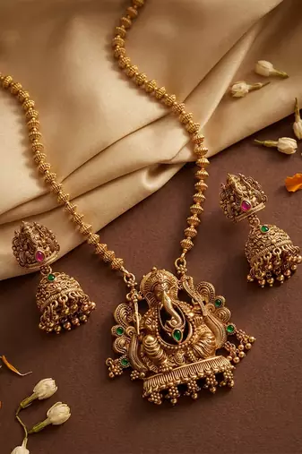 South indian long mala ganesh jii green necklace set with earrings for women.