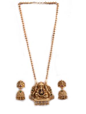 South indian long mala ganesh jii green necklace set with earrings for women. 3
