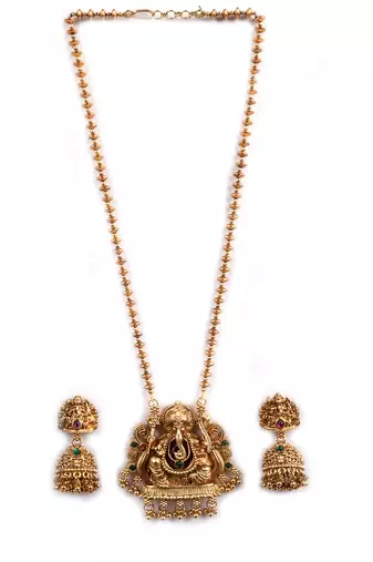 South indian long mala ganesh jii green necklace set with earrings for women.