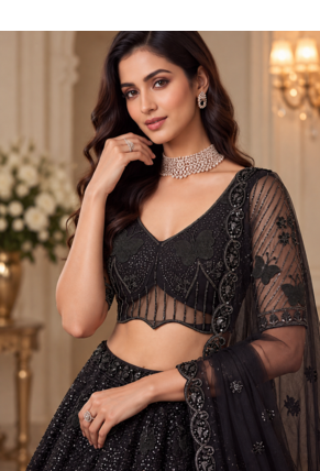 Black Color Zari Embroidery,Sequence And Beads Work Net Lehnega Choli  2
