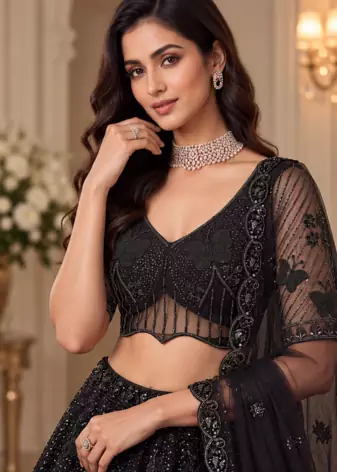Black Color Zari Embroidery,Sequence And Beads Work Net Lehnega Choli 