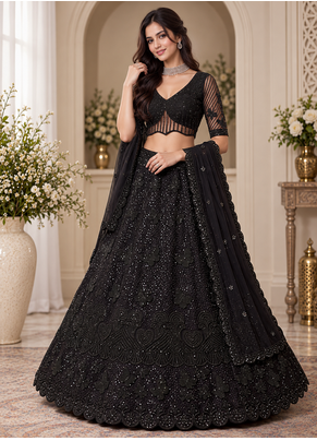 Black Color Zari Embroidery,Sequence And Beads Work Net Lehnega Choli  1