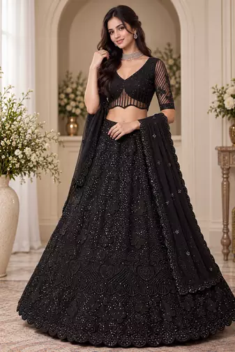 Black Color Zari Embroidery,Sequence And Beads Work Net Lehnega Choli 