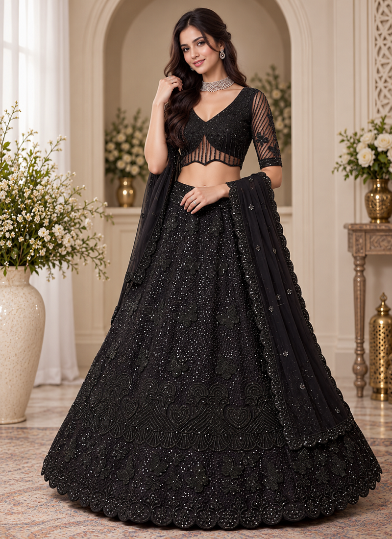 Black Color Zari Embroidery,Sequence And Beads Work Net Lehnega Choli 