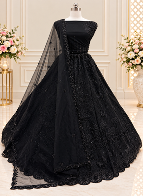 Black Color Zari Embroidery,Sequence And Beads Work Net Lehnega Choli  4