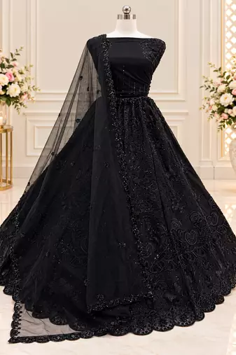 Black Color Zari Embroidery,Sequence And Beads Work Net Lehnega Choli 