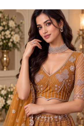 Mustard Color Zari Embroidery,Sequence And Beads Work Net Lehnega Choli  2