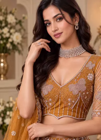 Mustard Color Zari Embroidery,Sequence And Beads Work Net Lehnega Choli 