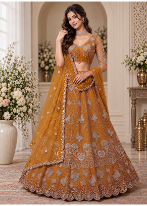 Mustard Color Zari Embroidery,Sequence And Beads Work Net Lehnega Choli  1